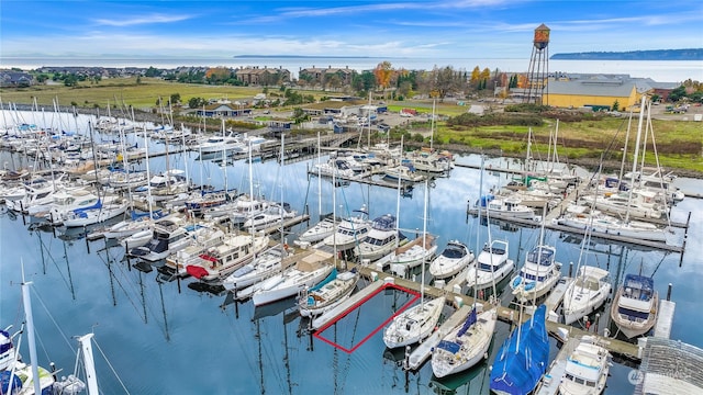 drone / aerial view featuring a water view