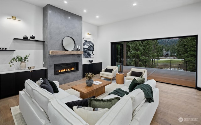 living room with a fireplace and light hardwood / wood-style flooring