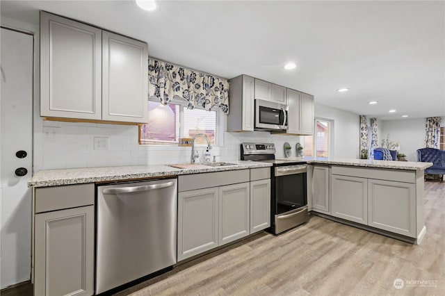 kitchen with backsplash, sink, gray cabinets, light wood-type flooring, and stainless steel appliances