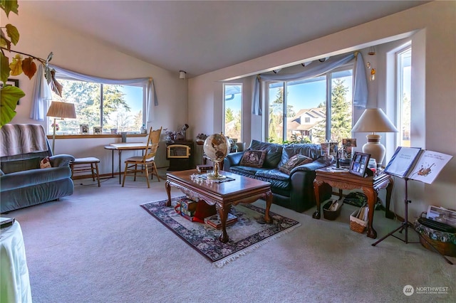 3945 Magrath Rd, Bellingham, WA 98226 - living room featuring healthy amount of natural light, carpet flooring, and lofted ceiling