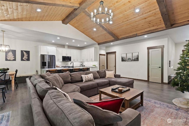 living room with beam ceiling, wooden ceiling, high vaulted ceiling, dark hardwood / wood-style floors, and a chandelier