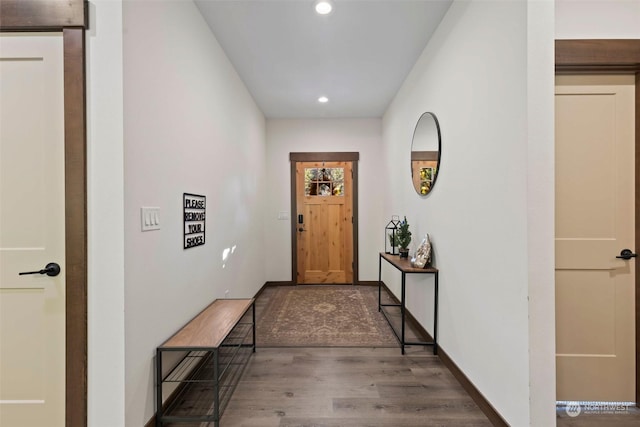 entryway with dark hardwood / wood-style flooring