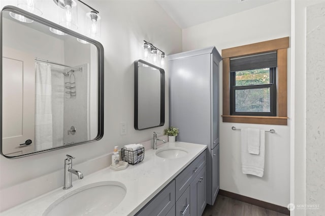 bathroom featuring hardwood / wood-style flooring and vanity