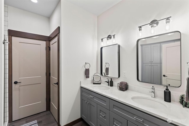 bathroom with hardwood / wood-style floors and vanity