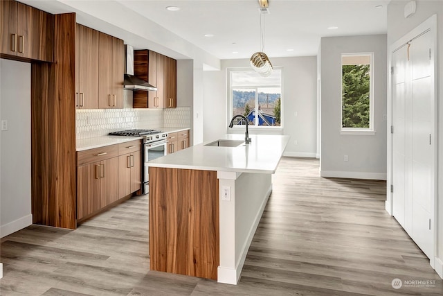 kitchen with sink, a kitchen island with sink, tasteful backsplash, gas range, and wall chimney exhaust hood