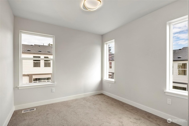 spare room with a healthy amount of sunlight and light colored carpet