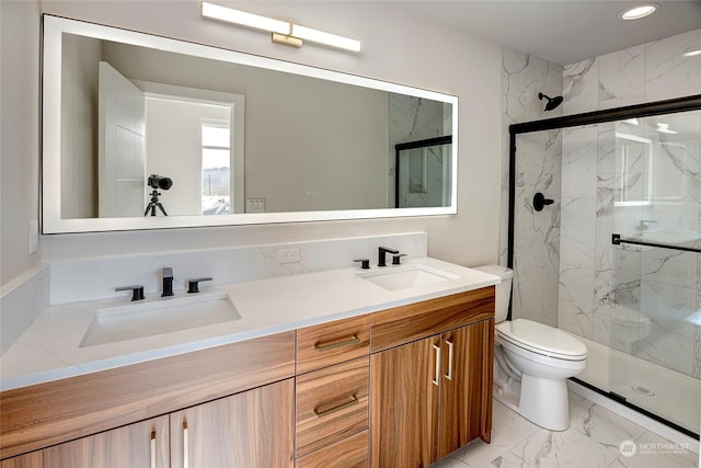 bathroom with vanity, toilet, and walk in shower