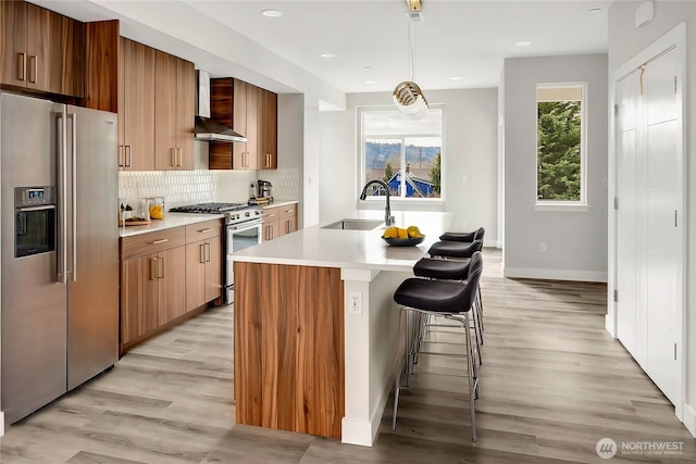 kitchen featuring a sink, light countertops, wall chimney range hood, appliances with stainless steel finishes, and tasteful backsplash