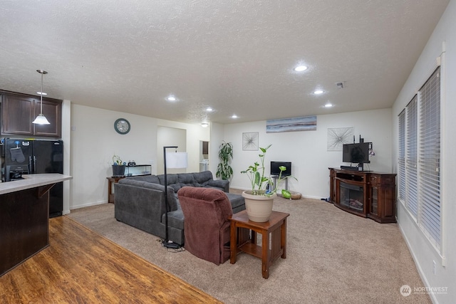 carpeted living room featuring a textured ceiling