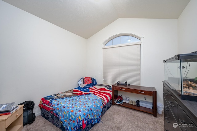 bedroom featuring light colored carpet and vaulted ceiling