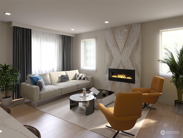 living room featuring light hardwood / wood-style flooring and a wealth of natural light