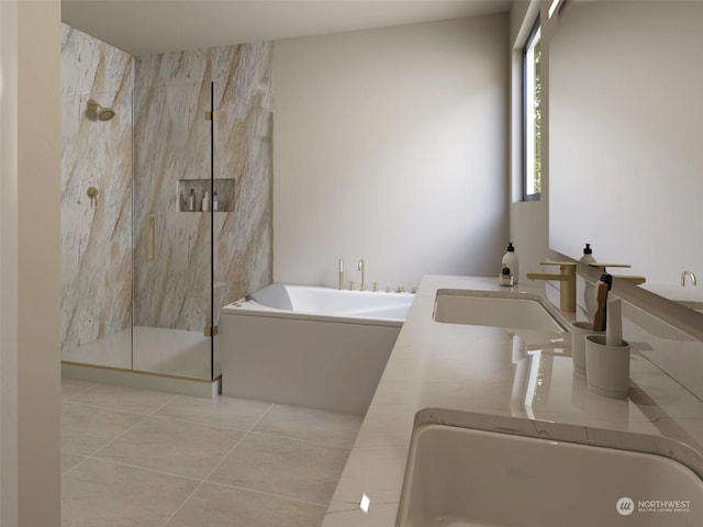 bathroom with vanity, plus walk in shower, and tile patterned flooring