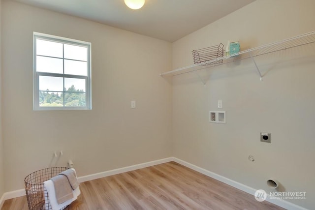 laundry room with hookup for a gas dryer, hookup for an electric dryer, light hardwood / wood-style floors, and washer hookup