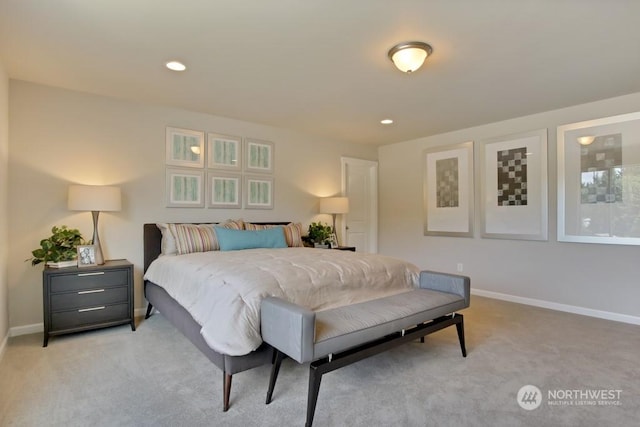 bedroom featuring light colored carpet