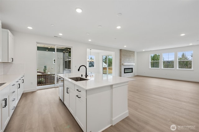 kitchen with light wood finished floors, white cabinets, dishwasher, and a sink