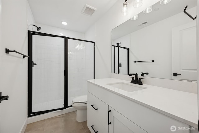 full bathroom with visible vents, a shower stall, and toilet