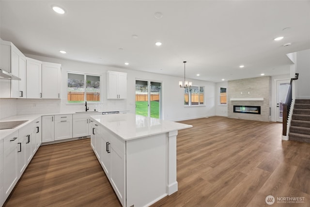 kitchen featuring a sink, backsplash, wood finished floors, white cabinets, and a fireplace