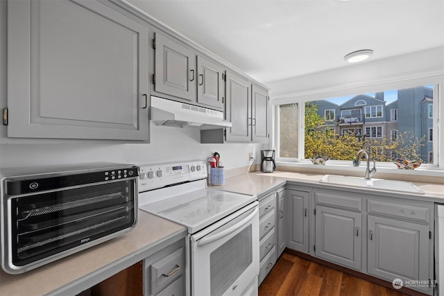 kitchen featuring gray cabinetry, dishwashing machine, sink, white electric stove, and dark hardwood / wood-style floors