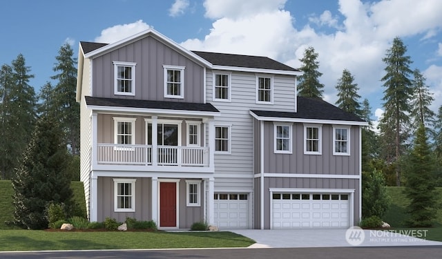 view of front of property with a garage, a balcony, and a front lawn