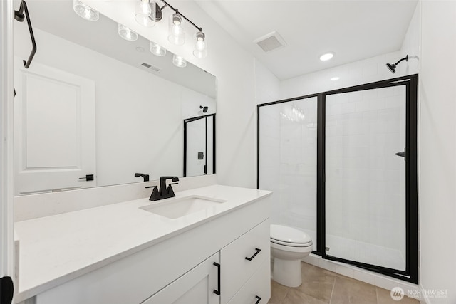 full bath with visible vents, toilet, a stall shower, and vanity