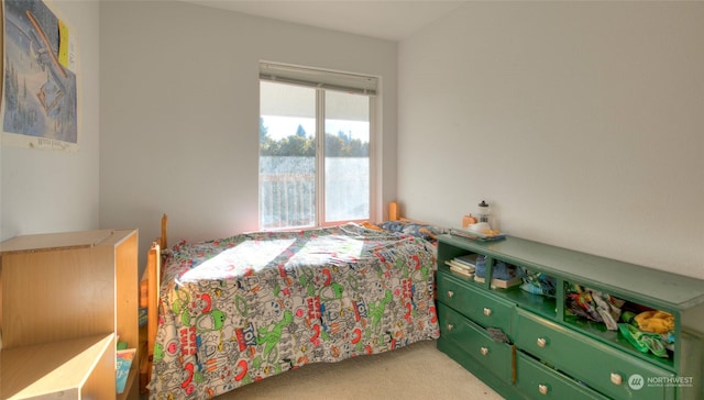 bedroom featuring light colored carpet