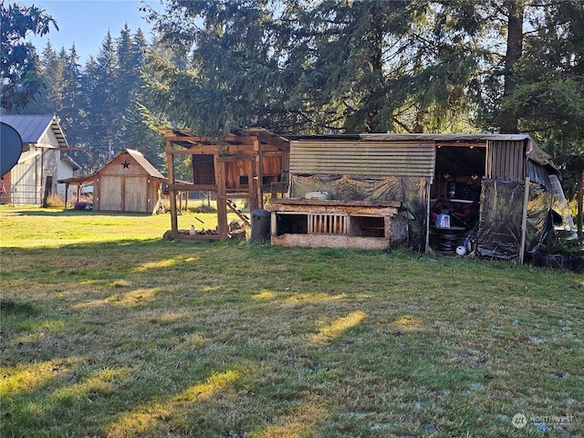 view of yard featuring a storage unit