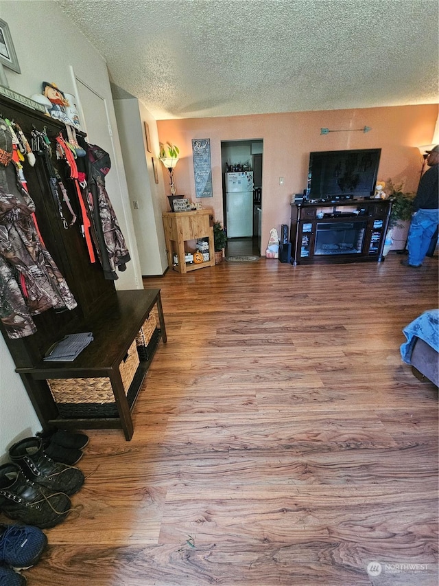 living room with hardwood / wood-style floors and a textured ceiling