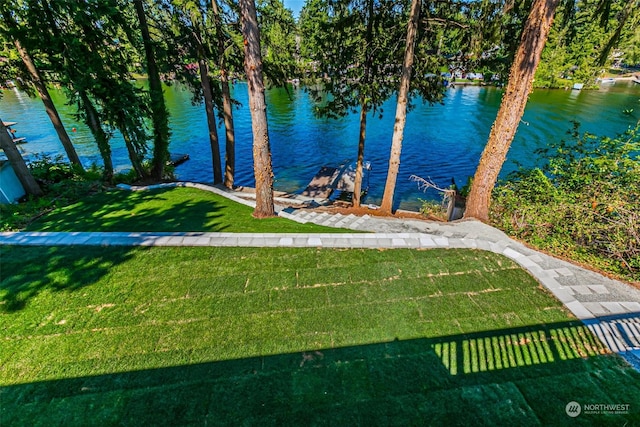 dock area with a water view and a yard