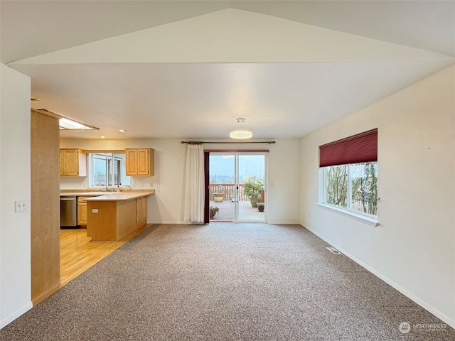 unfurnished living room with light colored carpet, sink, and vaulted ceiling