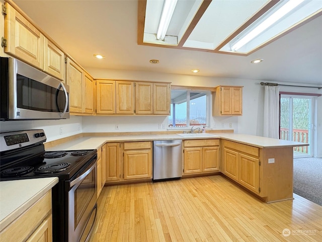 kitchen featuring light brown cabinetry, a wealth of natural light, sink, and stainless steel appliances