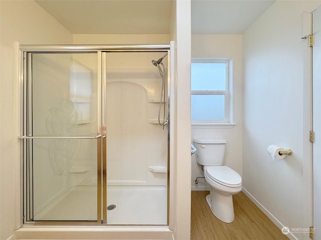 bathroom with toilet, wood-type flooring, and walk in shower