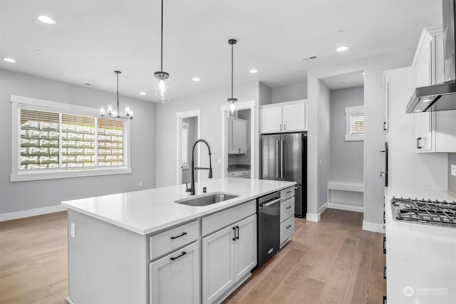 kitchen featuring a center island with sink, white cabinets, sink, light wood-type flooring, and stainless steel appliances