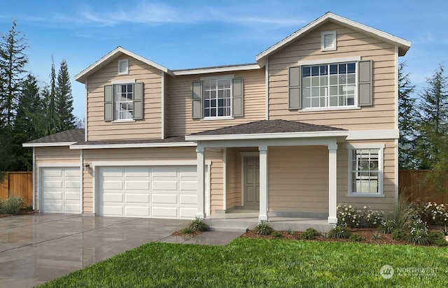 view of front of property featuring covered porch and a garage