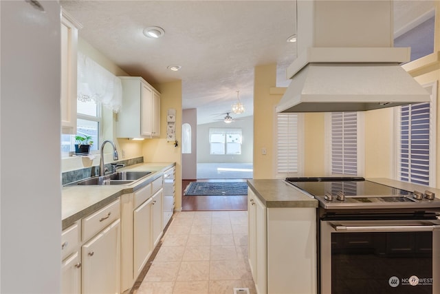 kitchen featuring sink, range hood, white dishwasher, light hardwood / wood-style floors, and electric stove