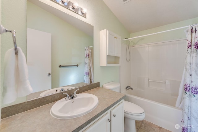 full bathroom with tile patterned floors, lofted ceiling, toilet, shower / tub combo with curtain, and vanity