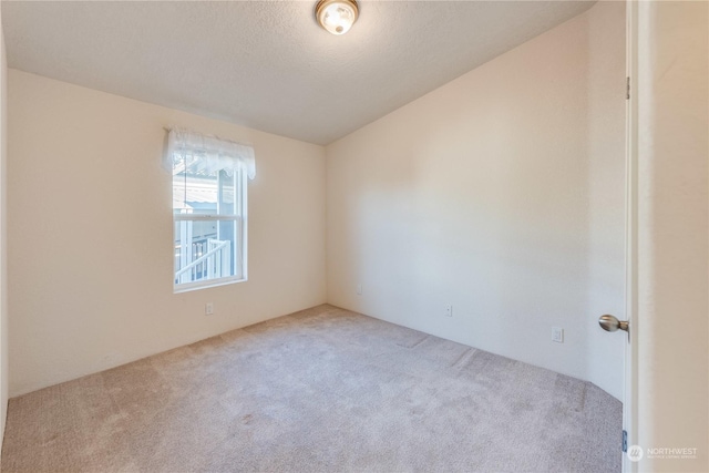 unfurnished room with light colored carpet, lofted ceiling, and a textured ceiling