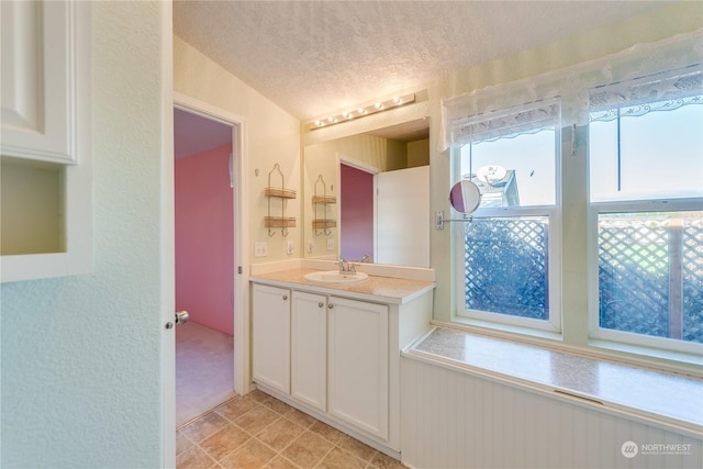 bathroom with lofted ceiling, vanity, and a textured ceiling