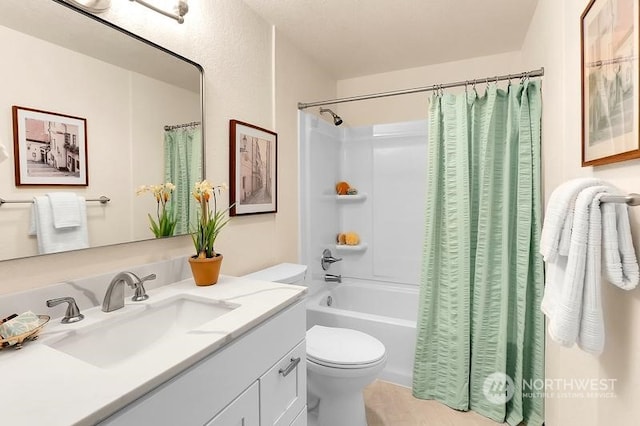 full bathroom with toilet, vanity, and shower / tub combo with curtain