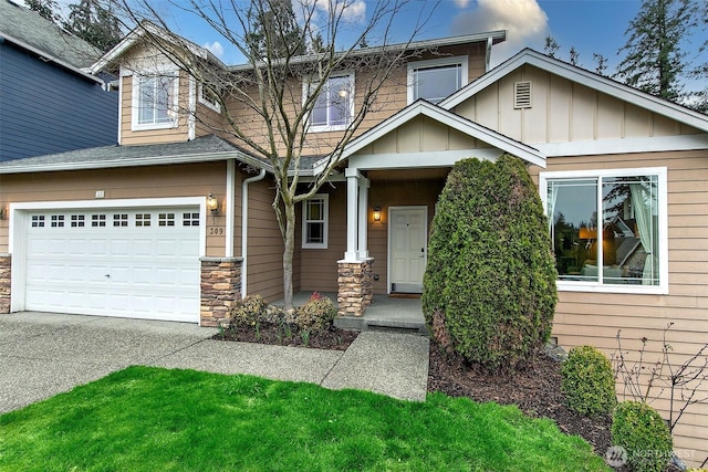 view of front of home featuring stone siding, a shingled roof, board and batten siding, and concrete driveway