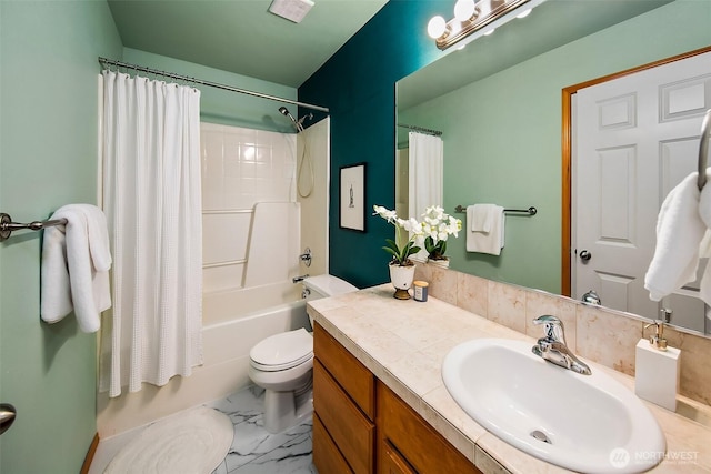 full bathroom with shower / bath combination with curtain, marble finish floor, vanity, and toilet