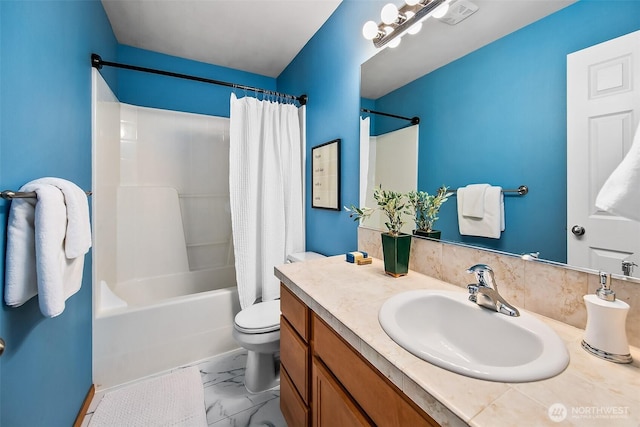 full bath with marble finish floor, visible vents, toilet, shower / bath combo with shower curtain, and vanity