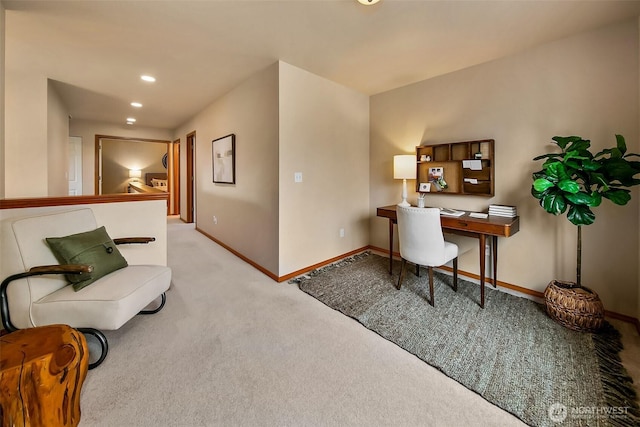 home office featuring carpet, baseboards, and recessed lighting