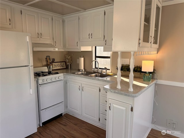 kitchen with sink, dark hardwood / wood-style flooring, ventilation hood, white appliances, and white cabinets