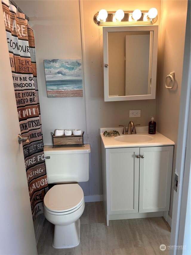 bathroom featuring vanity, hardwood / wood-style flooring, and toilet