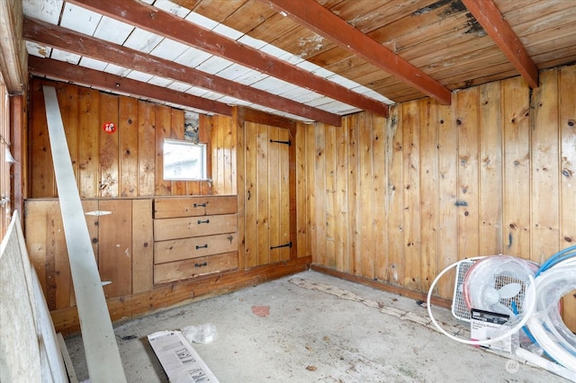 additional living space with beam ceiling, wooden ceiling, and wooden walls