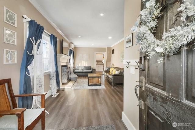 entrance foyer featuring hardwood / wood-style floors and ornamental molding