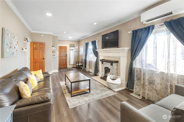 living room featuring dark hardwood / wood-style flooring, an AC wall unit, and crown molding