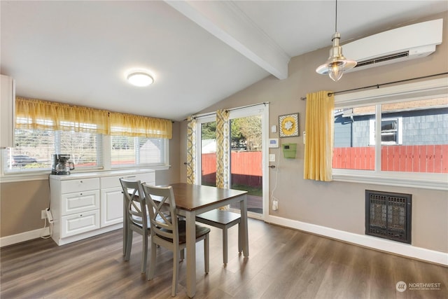 dining space with heating unit, dark wood-type flooring, lofted ceiling with beams, and a wall mounted air conditioner