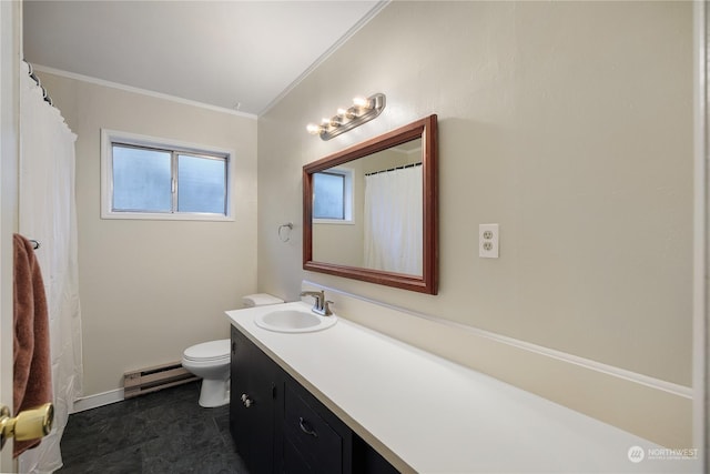 bathroom featuring vanity, a baseboard radiator, toilet, and crown molding