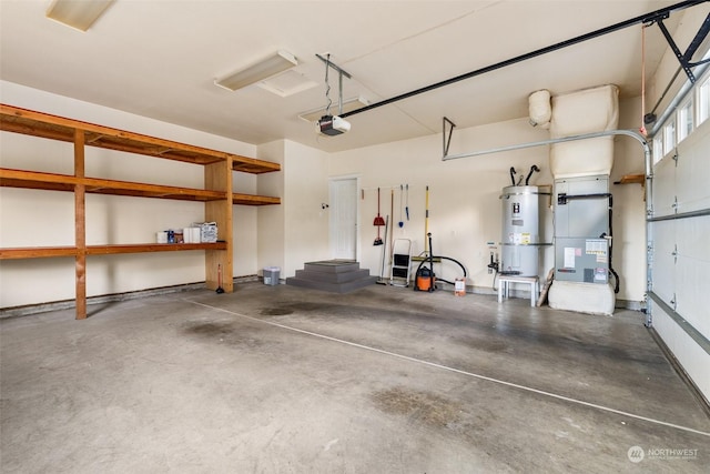 garage featuring strapped water heater, heating unit, and a garage door opener